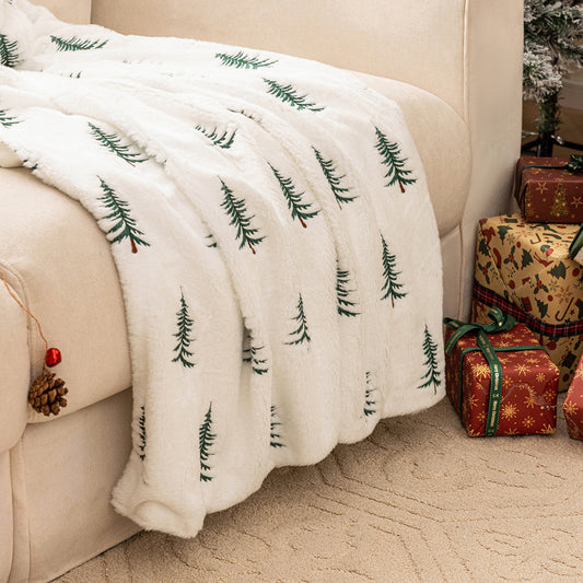 Christmas Plush Sofa Blanket Christmas Tree Embroidery Throw Living Room Sofa Decoration